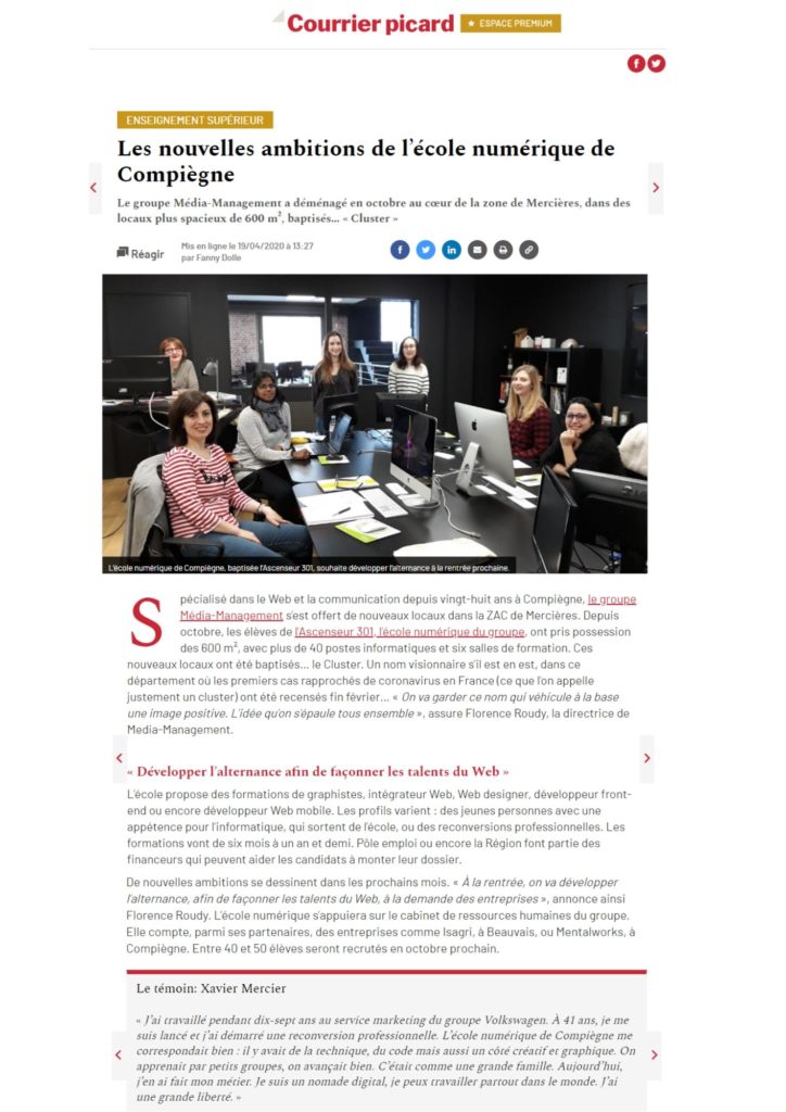 article du Courrier Picard sur l'ascenseur 301 école du numérique Compiègne